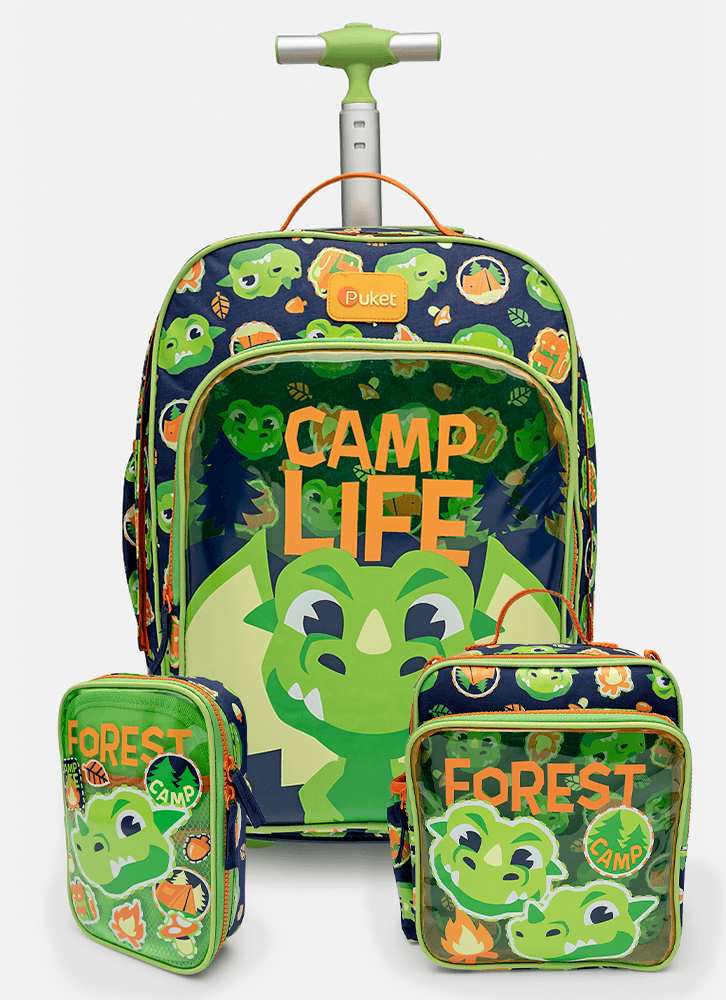 Kit Mochila com Rodinha, Lancheira e Estojo Dragão Camping